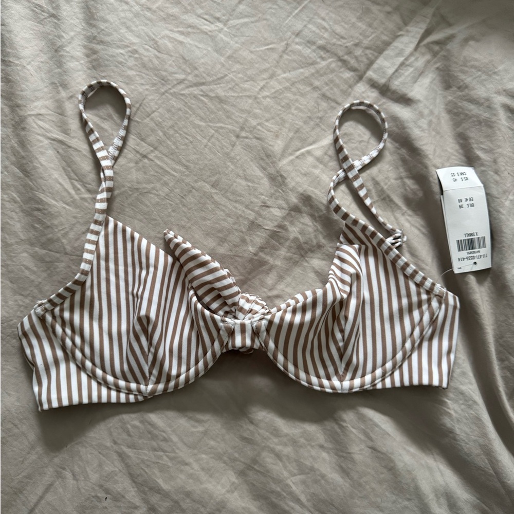 New! Abercrombie & Fitch Bikini Top Brown White Stripe Tie Back XS